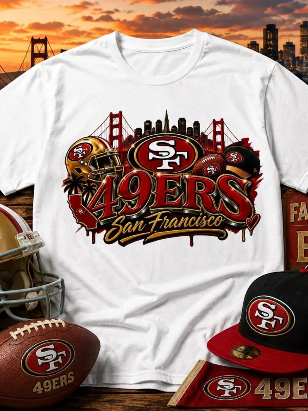 San Francisco Football Tee, Bay Area Skyline, Golden Gate Bridge Tee